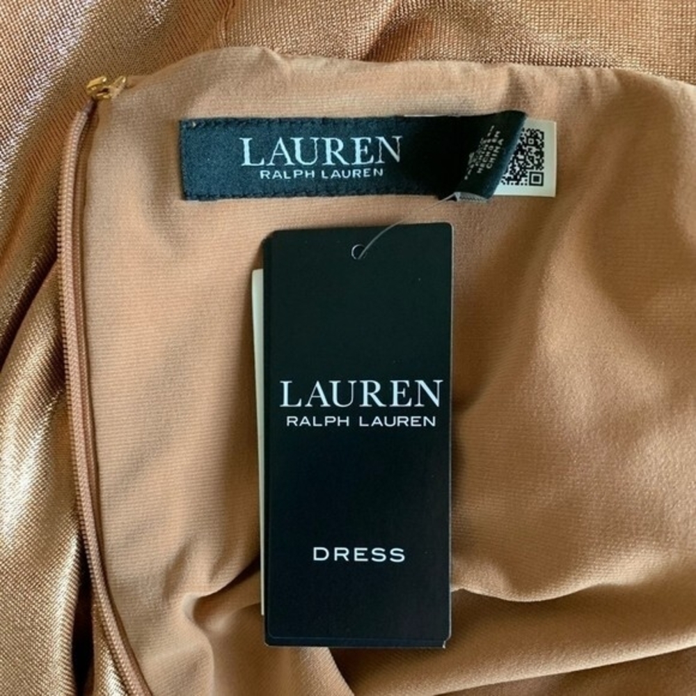 Lauren Ralph Lauren Gold Metallic Jersey Gown Twist Waist Maxi Dress Size 10 NWT - Picture 8 of 10